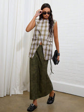 Women's Plaid Print Round Neck Sleeveless Split Hem Casual Loose BlouseWomen's Plaid Print Round Neck Sleeveless Split Hem Casual Loose Blouse